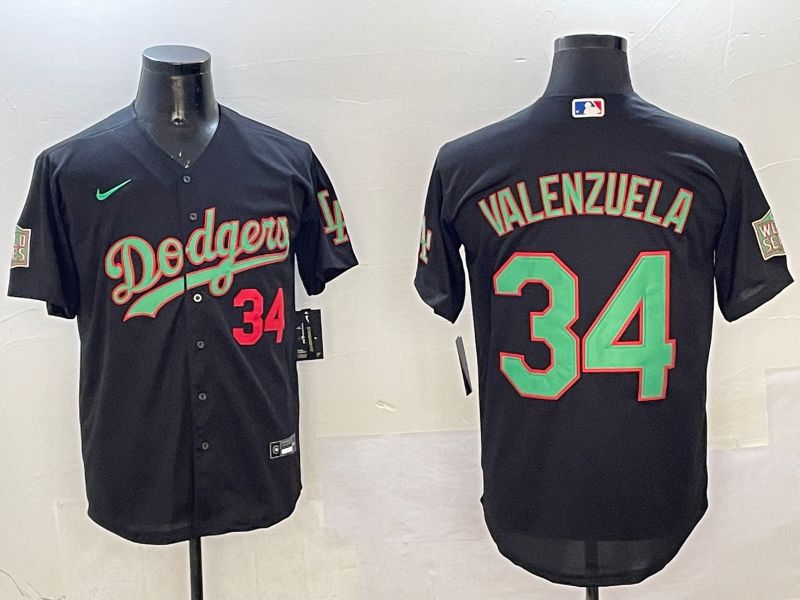 Men Los Angeles Dodgers #34 Valenzuela Black green Fashion 2025 Nike MLB Jersey style 1
